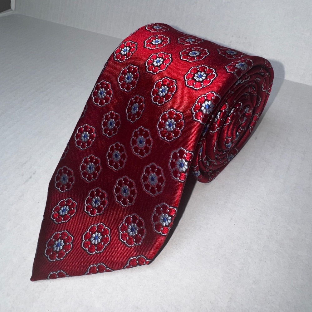 Canali Necktie Mens 3.5" Red Floral Medallion Silk Made in Italy Classic Luxury